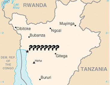 map of Burundi with several question marks by the missing capital name